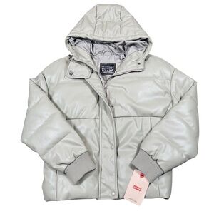 Levis Faux Leather Puffer Jacket Hooded Sage Green Womens Medium NWT